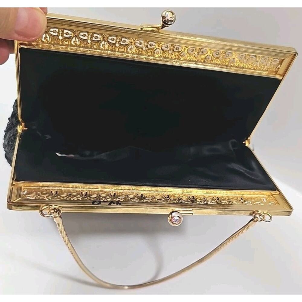 Vintage Walbaeg Beaded Evening Bag 1970's Black w Gold Finish Hardware - Picture 2 of 9